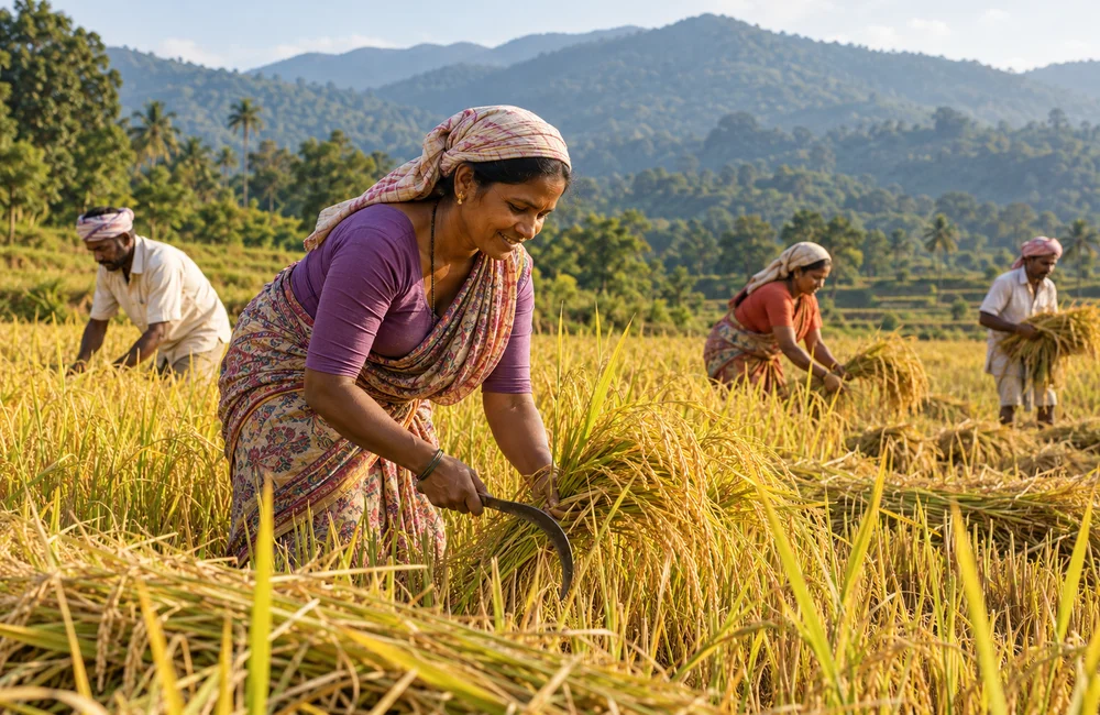 Farmers harvesting golden paddy beneath green hills