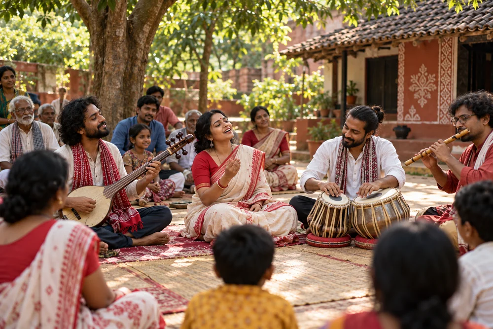 Musicians in a shaded courtyard